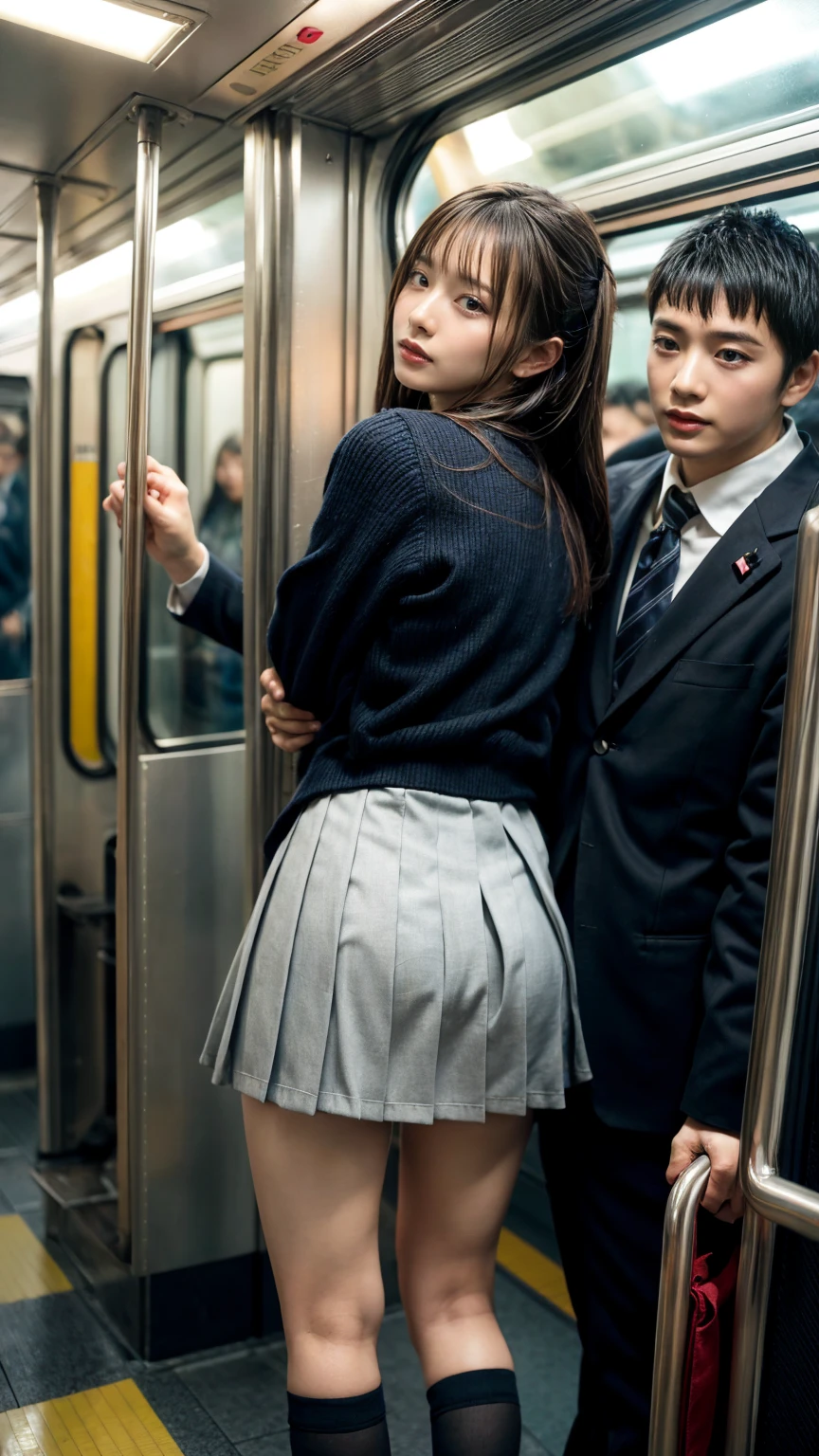 NSFW, crowded train, Japan , Handsome man hugging her from behind, Talking in her ear, lift her up, miniskirt twisted upwards, 40k, photograph, masterpiece, highest quality, dark gray background, ((Japan girls' high school uniform)), A man leans on her from behind、I held you up, Mr.々Hit the pose., large breasts