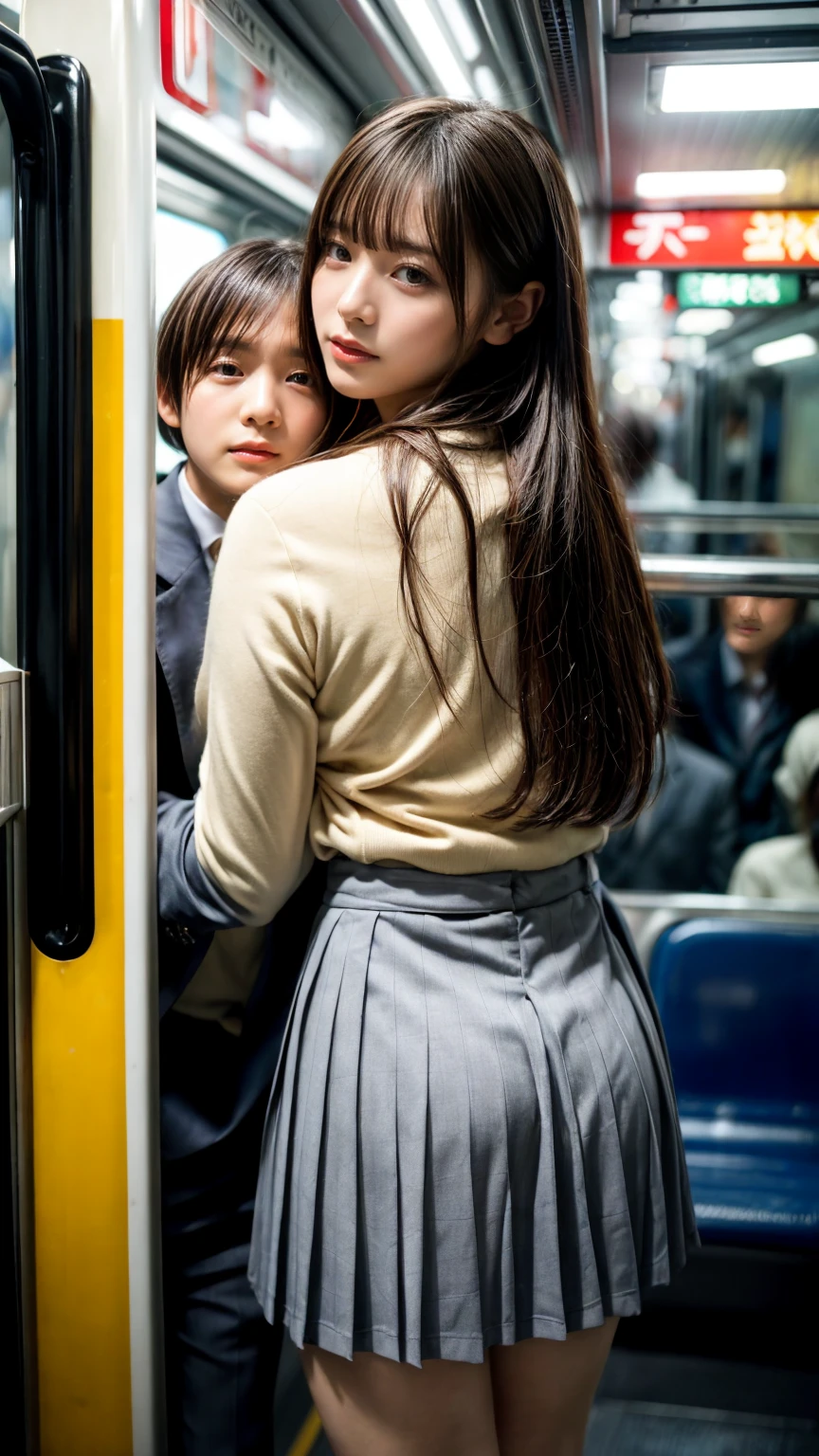 NSFW, crowded train, Japan , Handsome man hugging her from behind, Talking in her ear, lift her up, miniskirt twisted upwards, 40k, photograph, masterpiece, highest quality, dark gray background, ((Japan girls' high school uniform)), A man leans on her from behind、I held you up, Mr.々Hit the pose., large breasts