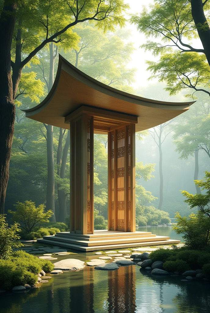 Rectangular pavilion with leaf-shaped roof