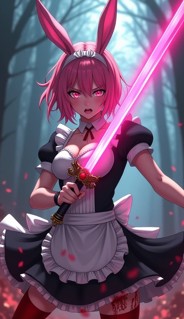 anime girl, pink hair, pink  ears, pink eyes, and pink fighting with a pink sword  and angry all covered in blood maid outfit with big busts, high quality, (RAW photo, best quality), (realistic, photorealistic: 1.4), (extremely delicate and beautiful: 1.4), amazing, fine details, masterpiece, ultra detailed, high resolution, best illustration, best shadow, intricate, ( extremely intricate: 1.2), (exquisitely detailed skin), cinematic light, perfect , (cool color: 1.4), sharp focus, 8k UHD, DSLR, (Fujifilm XT3),Epic Fantasy Art Style HD, 4K fantasy art, epic fantasy digital art style, epic fantasy art style, Fantasy Woman, epic fantasy art portrait, Epic fantasy style, hyperrealistic fantasy art, hd fantasy art, Epic fantasy character art, epic fantasy art, in style of dark fantasy art, epic fantasy digital art, (skirt lifted by itself: 1.1), (skirt lift: 1.3), (showing white panties: 1.4 ), (mostrando panties white :1.4),( fondo bosque tenebroso :1.4), (no mutaciones) 
  