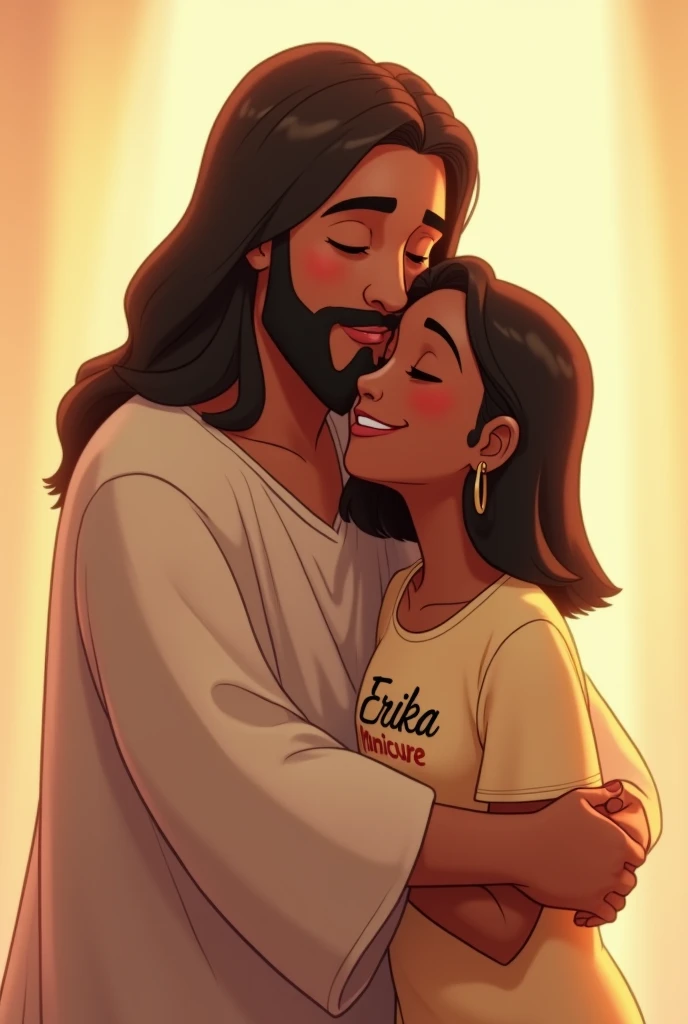 Animation of a happy Jesus hugging a black woman with short straight black hair wearing a t-shirt with Erika manicure written on it
