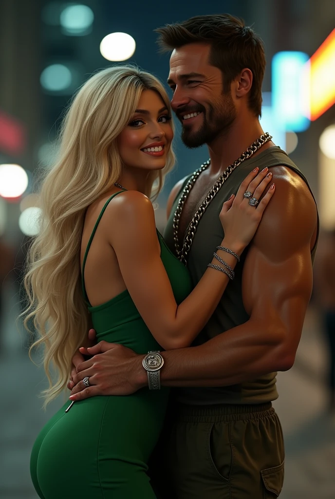 latin image realistic style couple full body long blonde hair with bangs , cara kylie jenner , brad pitt man face , bearded man , short black hair man , hugging each other ,smiling , aretas , decorated nails , cell phone in one hand , green jumpsuit , chains , on a street at night