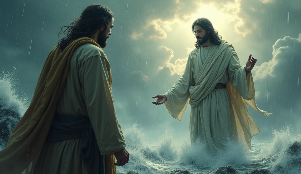 Man in the storm talking to Jesus Christ