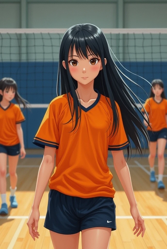 Japanese long black hair high school girl oil painting。
Volleyball club practicing in the gym。
The uniform is orange and black with short sleeves.、The bottom is black, it looks like a photograph。