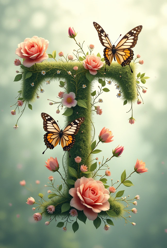 Alphabet "T" image with floral & butterfly in portrait background
