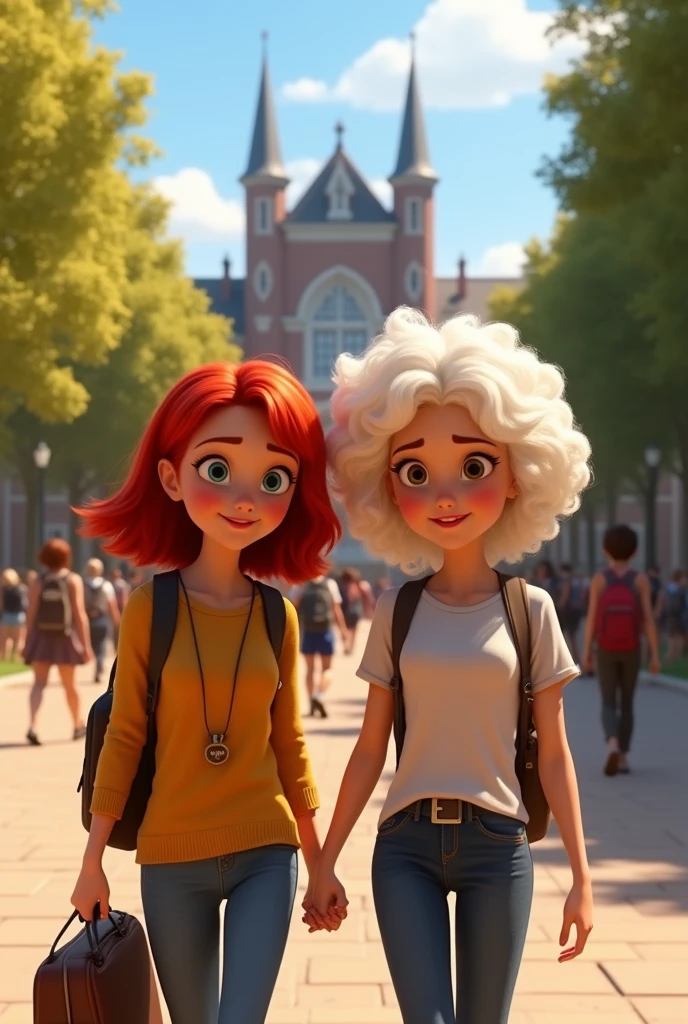 Disney Pixar film image of a red-haired woman with straight hair and a white woman with curly hair arriving at university