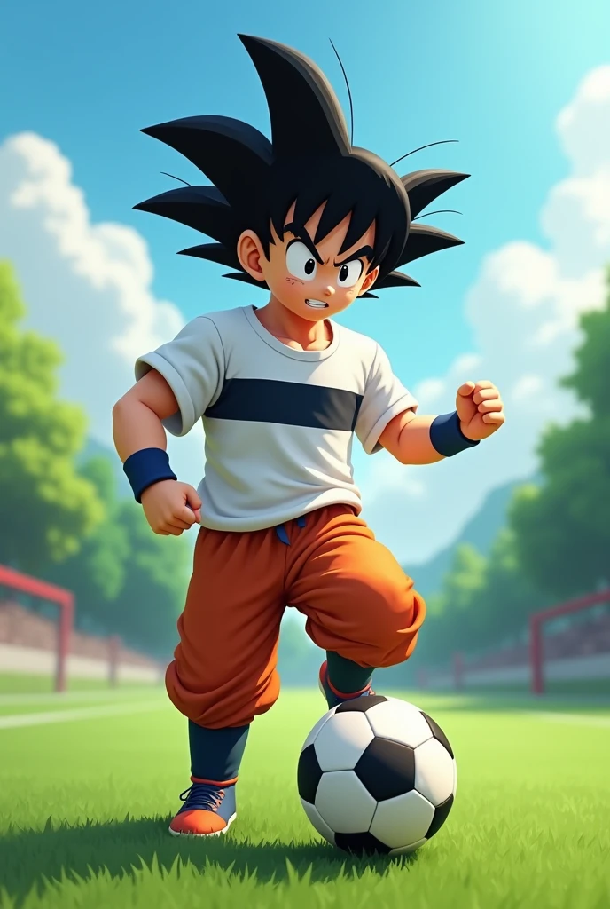 Goku with a white shirt and a black horizontal stripe playing soccer