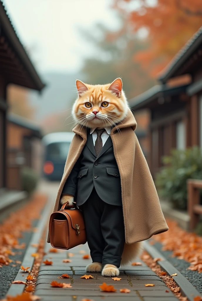 35mm lens,Cat,Standing,Doll,Carrying a small school bag,Japanese style,Tram,Hokkaido,Autumn Station,Wooden house,Platform, cloak,Ruan Jia,Suit,tie,花Cat,Stupid Dog,Muscular male Cat, (Delicate face), (Fine fluffy fur)