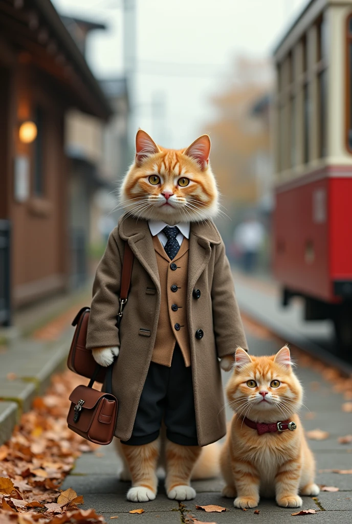35mm lens，Cat，Standing，Doll，Carrying a small school bag，Japanese style，Tram，Hokkaido，Autumn Station，Wooden house，Platform， cloak,Ruan Jia,Suit,tie，花Cat，Stupid Dog,Muscular male Cat, (Delicate face), (Fine fluffy fur)