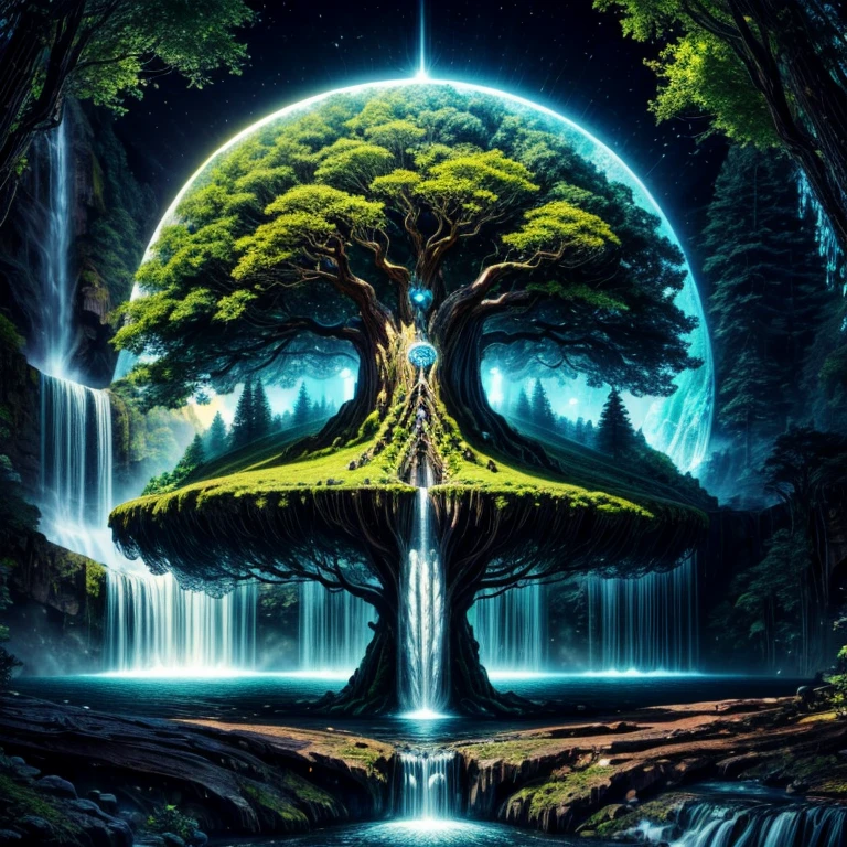 a tree in the middle of a waterfall surrounded by trees, tree of life, cosmic tree of life, the world tree, the tree of life, tree of life seed of doubt, world tree, yggdrasil, fantasy tree, magical tree, mystical setting, cosmic tree, beeple art, realism | beeple, tree of life inside the ball, (focus tree in the middle and waterfall), (Strange), (unique)