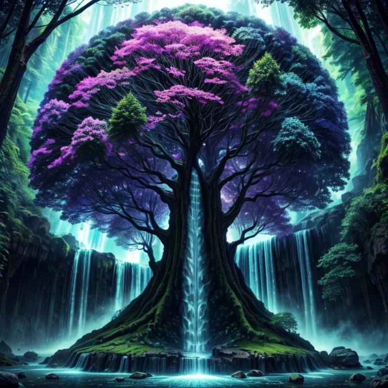 a tree in the middle of a waterfall surrounded by trees, tree of life, cosmic tree of life, the world tree, the tree of life, tree of life seed of doubt, world tree, yggdrasil, fantasy tree, magical tree, mystical setting, cosmic tree, beeple art, realism | beeple, tree of life inside the ball, (focus tree in the middle and waterfall), (Strange), (unique)