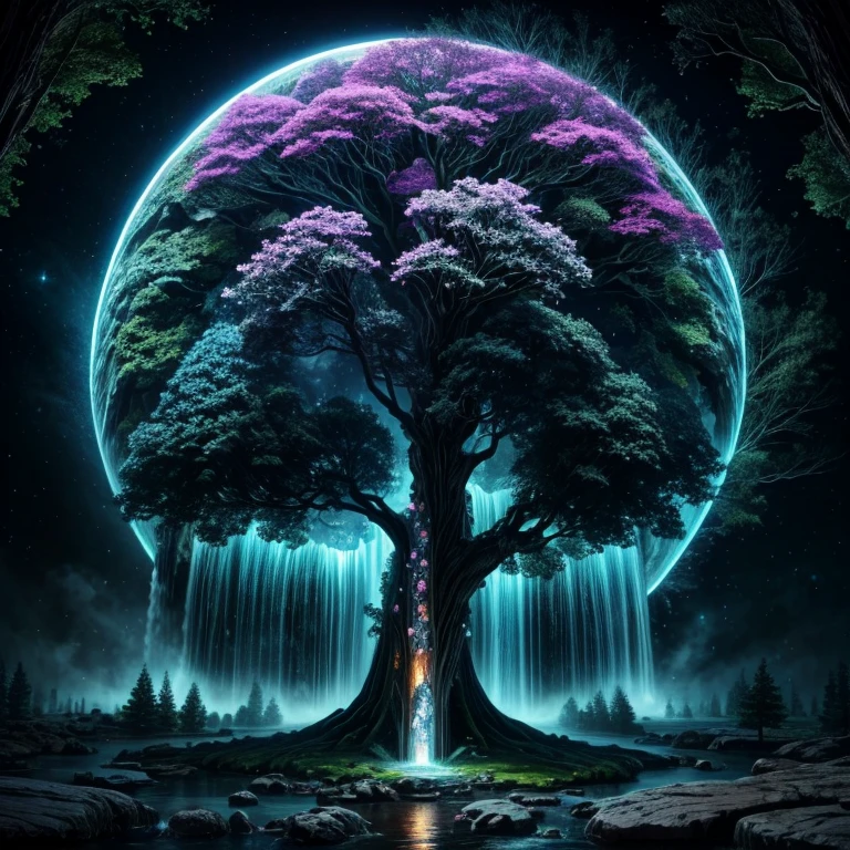 a tree in the middle of a waterfall surrounded by trees, tree of life, cosmic tree of life, the world tree, the tree of life, tree of life seed of doubt, world tree, yggdrasil, fantasy tree, magical tree, mystical setting, cosmic tree, beeple art, realism | beeple, tree of life inside the ball, (focus tree in the middle and waterfall), (Strange), (unique)