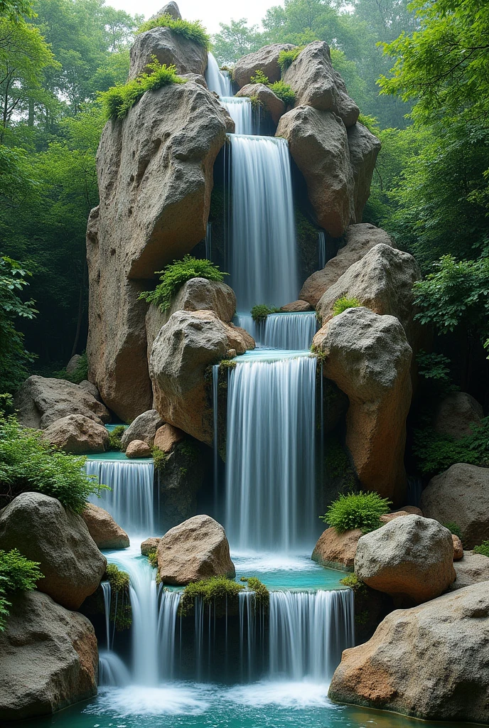 A two-meter-high ornamental waterfall made of stones, several falls, and with betta fish aquariums incorporated into the rocks in a natural way