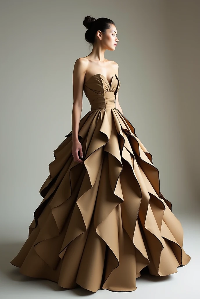 A girl wearing a ball gown, a long dress with a cut at the shoulders and a low neckline, exposed arms and long, puffy skirts, made of cardboard in different colors, such as brown and dark brownish.