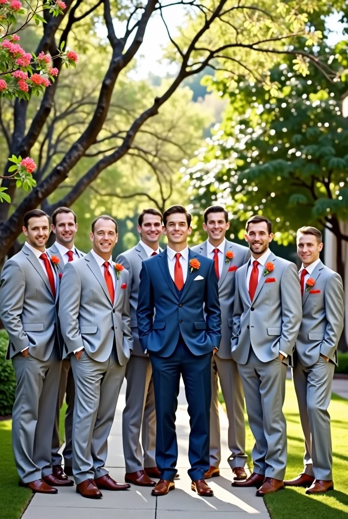 7 groomsmen in light gray suits and terracotta-colored ties and the groom in blue suit in the middle