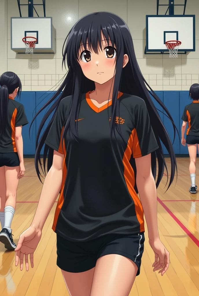 Japanese long black hair high school girl oil painting。
Volleyball club practicing in the gym。
The uniform is black and orange with short sleeves.、The bottom is black, it looks like a photograph。
