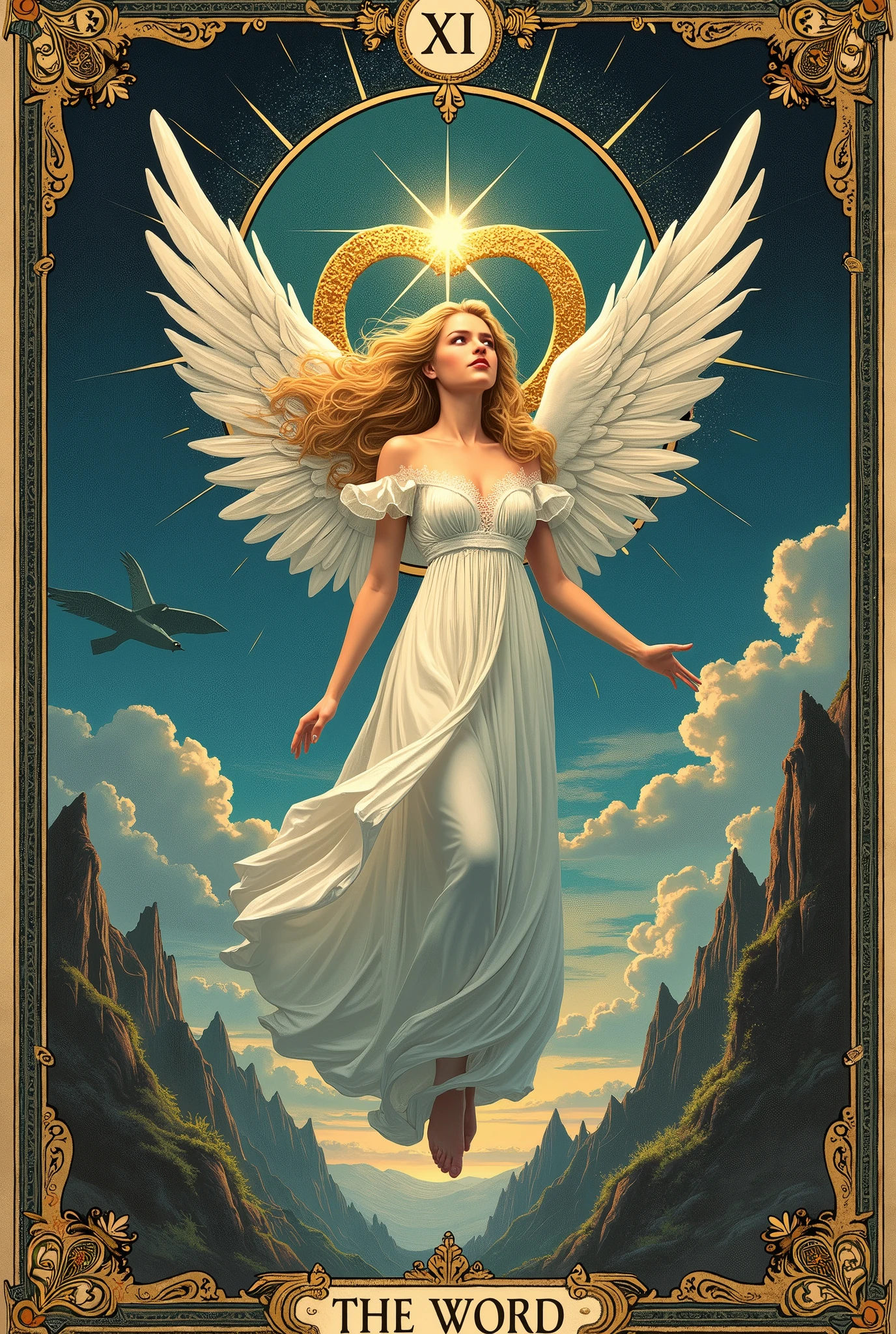 a card, intricate detailed tarot card illustration, tarot card, tarot card "the word", card header text "XI", card footer text "The Angel", text font style medieval, blond hair goddess, white dress, floating in the sky, ((infinity symbol background)), infinity symbol, ouroboros symbol, cinematic lighting, dramatic shadows, vivid colors, rich color palette, surreal tarot card, mystical landscape, shimmering details, ornate patterns