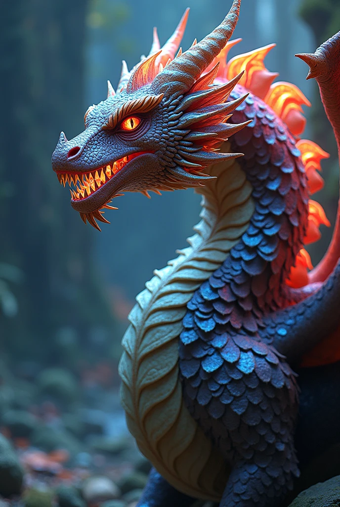 a detailed profile of a dragon with gradient colors, detailed scales, glowing eyes, open mouth showing teeth, large wings folded, detailed facial features, dramatic lighting, fantasy art, digital painting, cinematic composition, intricate details, photorealistic, 8k, high quality