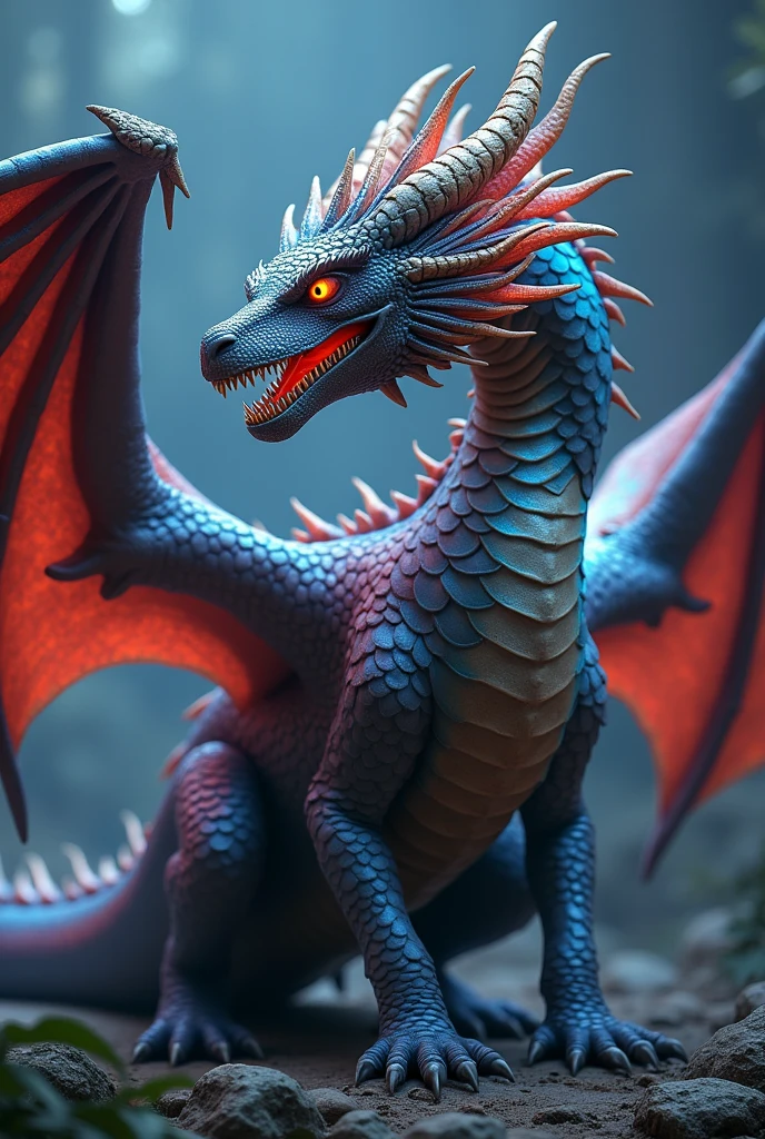 a detailed profile of a dragon with gradient colors, detailed scales, glowing eyes, open mouth showing teeth, large wings folded, detailed facial features, dramatic lighting, fantasy art, digital painting, cinematic composition, intricate details, photorealistic, 8k, high quality