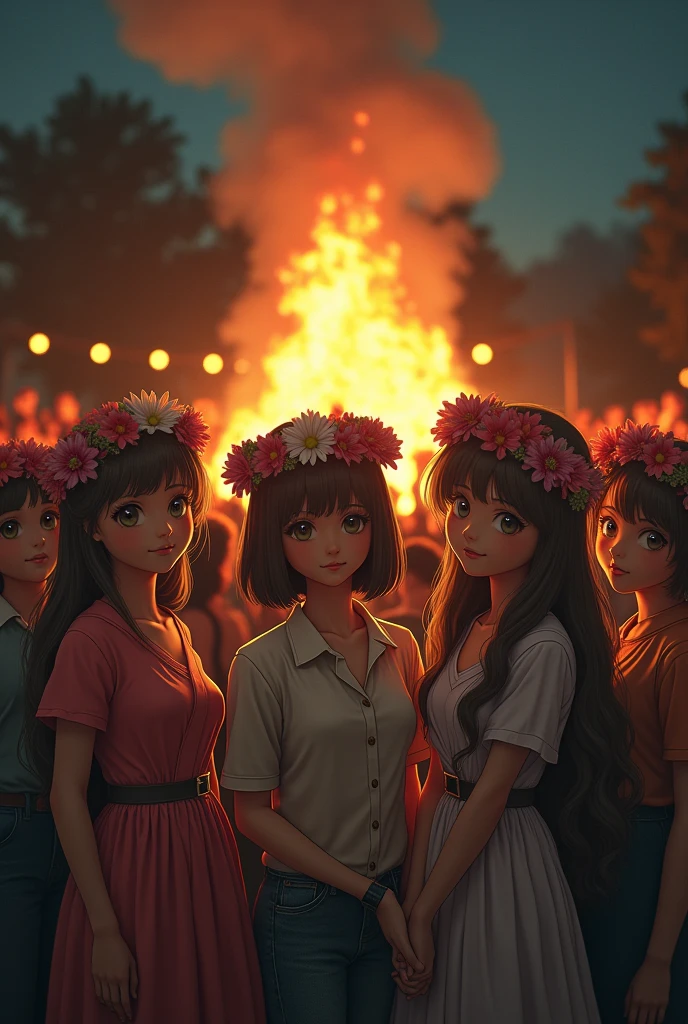 create an image of six people with flower crowns in the middle of the crowd everyone else is in 1950s clothing hiding the people with anime style flower crowns with a large bonfire behind at night with a darker color palette