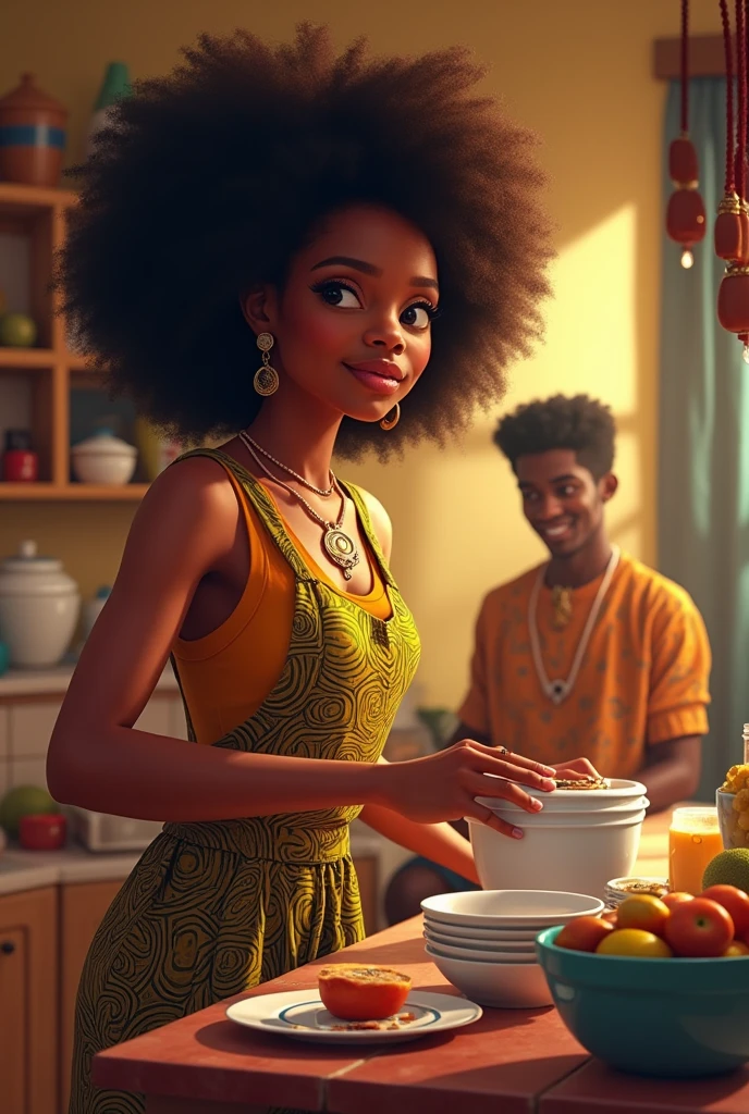 Generate an image product of a young black African  beautiful lady with Afro washing bowls and cooking whiles a young black man and woman are sitting in the background chatting and laughing.