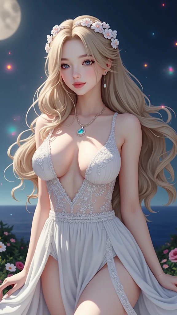 (masterpiece、Highest quality、8k、High resolution)、(One female、Beautiful Face、Beautiful eyes、Beautiful lips、Beautiful nose)、smile、The white upper teeth are faintly visible、Silver blonde medium hair、(The best girl in anime)、garden、blue sky、Colorful flowers are blooming、Vibrant colors、Red roses are beautiful、(Body、whole bodyから神秘的な光の粒子、Colorful light particles、A mysterious light glowing around the head)、melt、jewelry、necklace、dress、(whole body)、Highly detailed anime art、A complete portrayal、