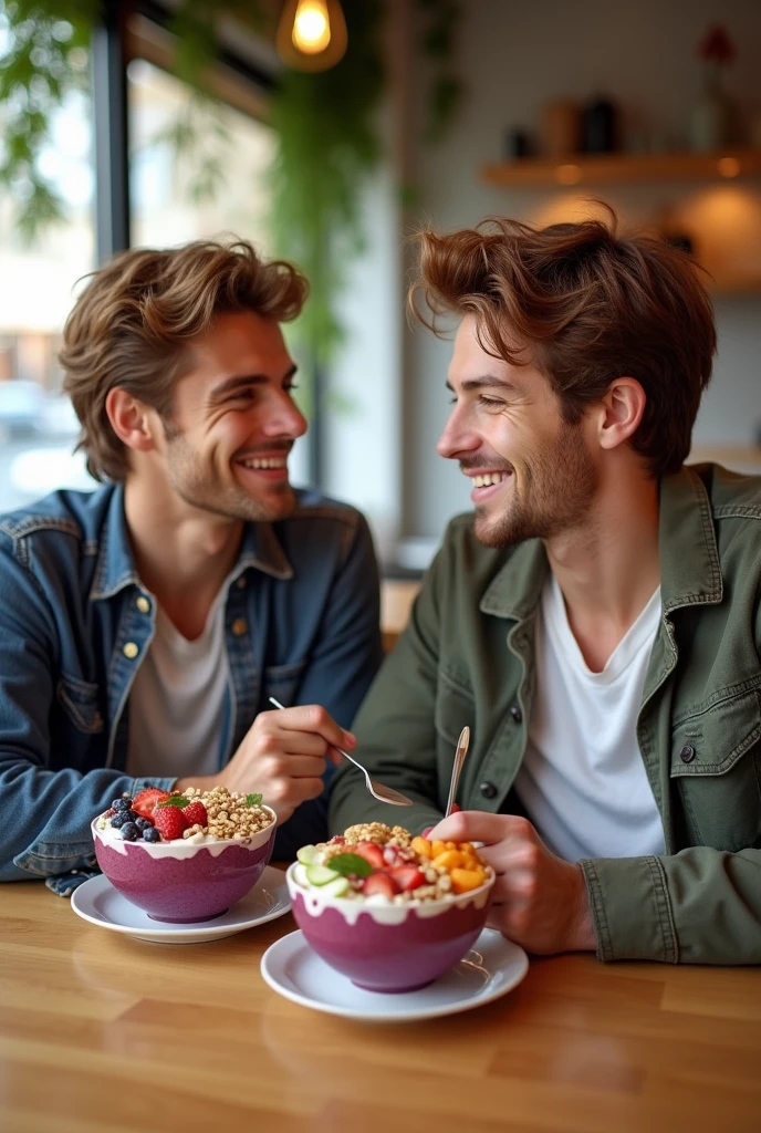 Young realistic guys, At the acai shop ,chestnut hair,eating acai , ultra HD, high qualiy, best qualityer, high resolution, 8k, 16K
