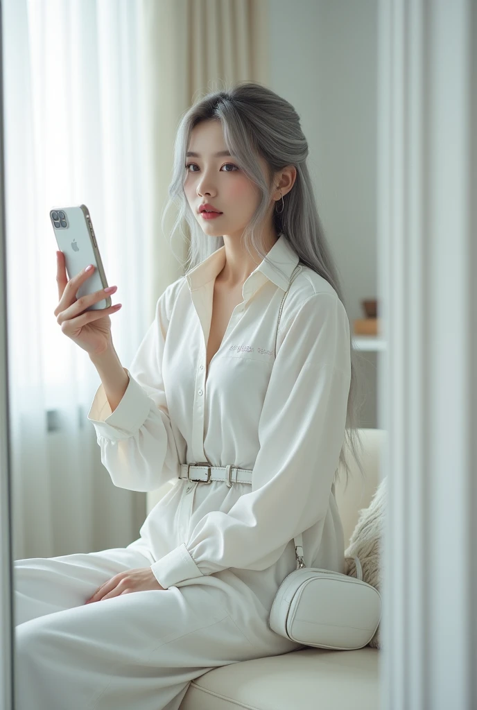highly detailed, beautiful, hyper Realistic girl, masterpiece, best quality, Japanese sexy gravure woman, 18 years old, identity hidden, takes a selfie in her room using a smartphone in front of a mirror with one hand, fashion model Posing, Sitting on the sofa, looking away from the camera, /// gray arranged hair, light color eyes, Realistic skin, Detailed face, /// white-themed, futuristic-inspired casual fall outfit. The ensemble should feature a high-collared, white long shirt with metallic accents, paired with a sleek, form-fitting white shirt in a soft white fabric. Combine this with high-waisted white maxi skirt made from a lightweight, tech-inspired material. Footwear should include white, futuristic sneakers with transparent soles. Accessories might involve a slim, metallic belt and a minimalist white crossbody bag with holographic details. The overall look should blend modern functionality with futuristic elements, offering a fresh, forward-thinking take on autumn trend fashion, /// Monotone simple modern taste single room, mirror, complicated background