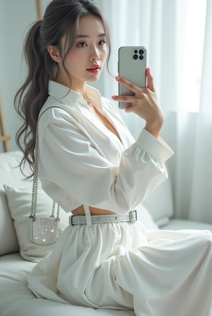 highly detailed, beautiful, hyper Realistic girl, masterpiece, best quality, Japanese sexy gravure woman, 18 years old, identity hidden, takes a selfie in her room using a smartphone in front of a mirror with one hand, fashion model Posing, Sitting on the sofa, looking away from the camera, /// gray arranged hair, light color eyes, Realistic skin, Detailed face, /// white-themed, futuristic-inspired casual fall outfit. The ensemble should feature a high-collared, white long shirt with metallic accents, paired with a sleek, form-fitting white shirt in a soft white fabric. Combine this with high-waisted white maxi skirt made from a lightweight, tech-inspired material. Footwear should include white, futuristic sneakers with transparent soles. Accessories might involve a slim, metallic belt and a minimalist white crossbody bag with holographic details. The overall look should blend modern functionality with futuristic elements, offering a fresh, forward-thinking take on autumn trend fashion, /// Monotone simple modern taste single room, mirror, complicated background