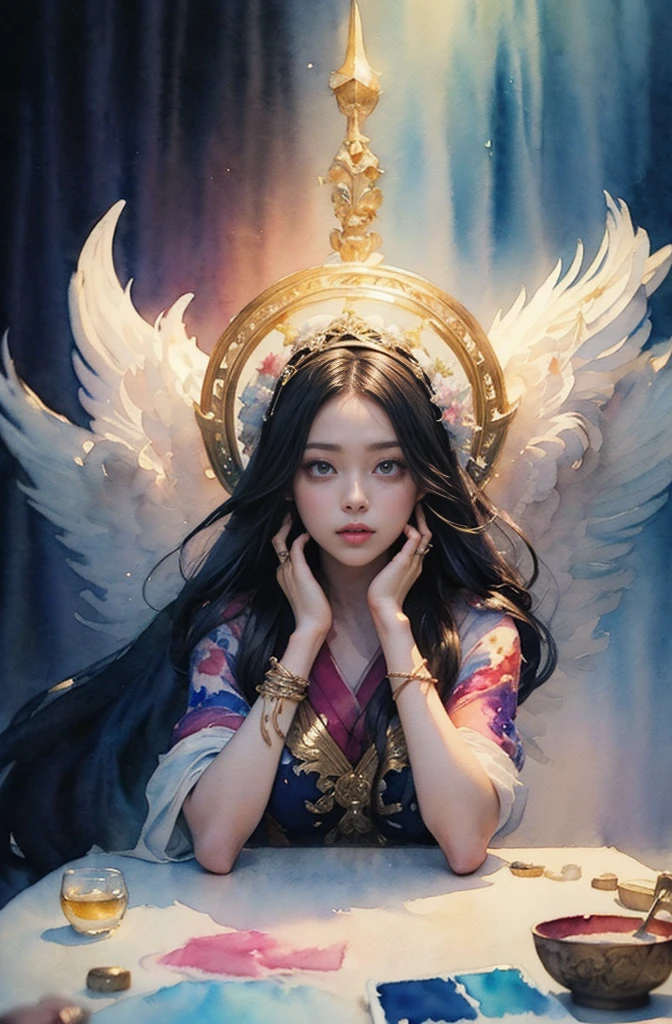 (Tabletop, Highest qualityの, Highest quality, Official Art, (beautifully、aesthetic:1.4), (Watercolor:1.4) ), (Izanami 1.5), 日本のgod話の女god, Majestic beauty, 創造の女god、生命の女god、Typically、((((Typically))))、Reincarnation Support, god&#39;Grace, Gentle and meditative expressions, Flowing, celestial garments, Shine、Created all the landscapes and worlds on Earth, A dazzling dance of light, Whispers of Ancient Legends，Hands below chest level，The hair is a little shorter