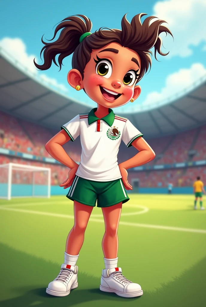 Cartoon girl wearing Mexico sports uniform white polo shirt, green skirt and white sneakers