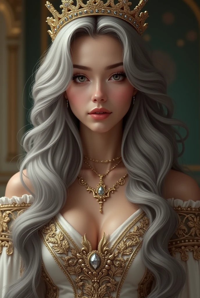 A 21-year-old noble princess with long, wavy gray hair. She should have an arrogant and haughty expression, yet maintain an air of elegance and sophistication