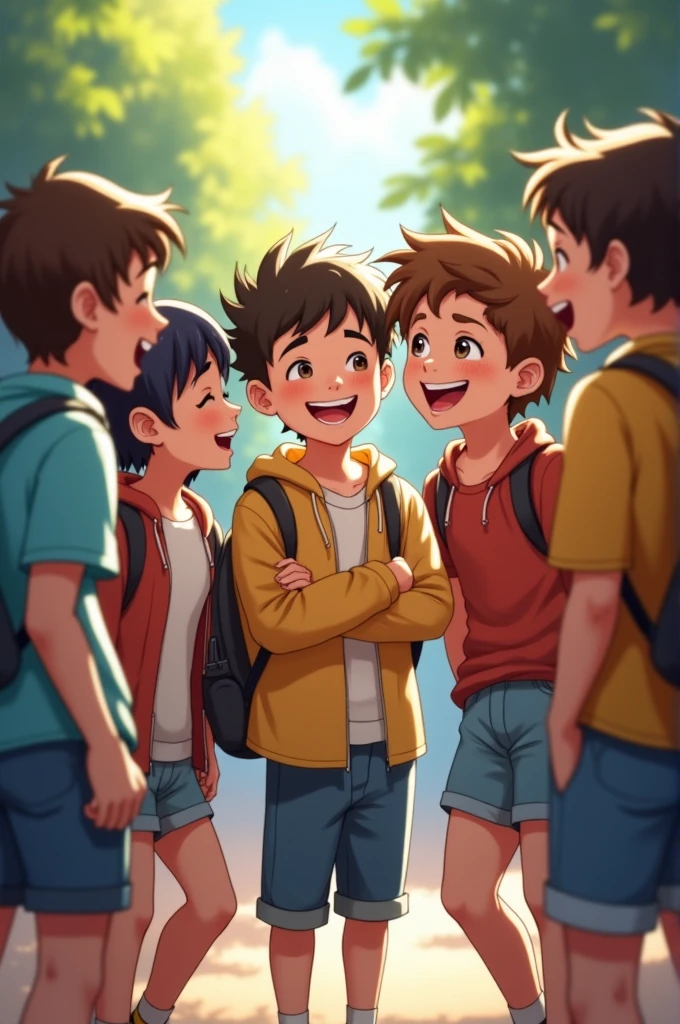 A group of high school friends gathered after school, Everyone was laughing and among them was a very nice short and chubby boy.