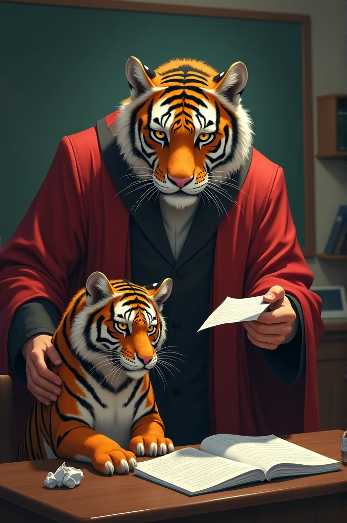 A teacher tiger gives a failing exam to a university student tiger 