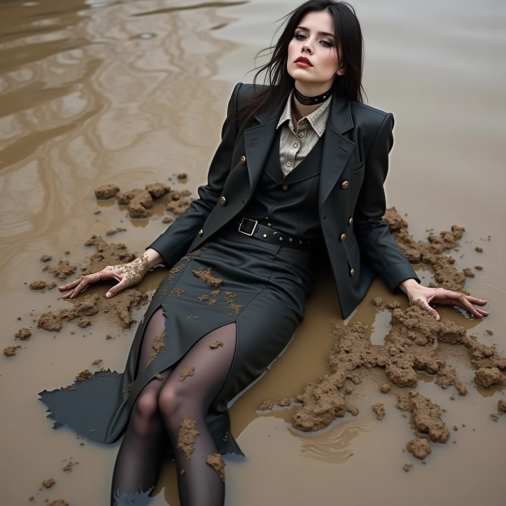 A super realistic photo of one business goth lady, exuding a slender, model-like appearance with long hair. She is dressed in a long and black and torn and ripped business pencil skirt made from cotton and wool fabric, black and muddy and torn business jacket made from cotton and wool fabric. black business vest, white muddy shirt, torn stockings, black choker on the neck. Please focus on stains of liquid mud on her clothes. She located in very muddy and very flooded field. She sitting on her backs in flirtatious and vulgar pose deep in the water and liquid mud, dips her head in the liquid mud and very tears her clothes and gets stuck in mud, but fully clothed in business skirt suit, she smear a lot of liquid mud on own clothes and torn it by hand. The chunks of her tired clothes is lie on the mud water crumpled and muddy. All her clothes is dirty, torn, ripped and sloppy, her skirt and jacket are very stained in a liquid mud and dirt. She look like have played in mud in a large swamp with brown liquid mud, her clothes covered with liquid mud from head to toe. The studio light brilliantly illuminates all her clothes in details, casting small shadows and emphasizing the texture of the mud on her clothes. View angle of the camera from top and from backs of the business lady and rotated left.