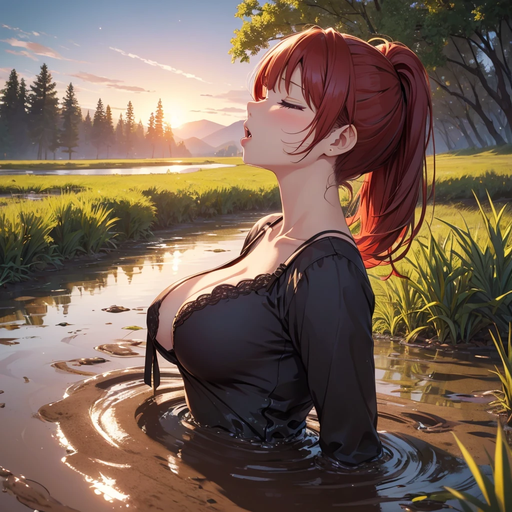 1girl, solo:1.5, masterpiece, best quality, high res, highly detailed, (illustration), beautiful detailed eyes, yuigahama yui, red hair ponytail, glossy lips, light makeup, orgasm, (looking up to the sky:1.5), (mouth open:1.2), intimate moment, black lacy bra, (quicksand:1.4), (submerged up to her torso), (from side:1.4), bog, swamp, grass, trees, (eyes closed:1.3),