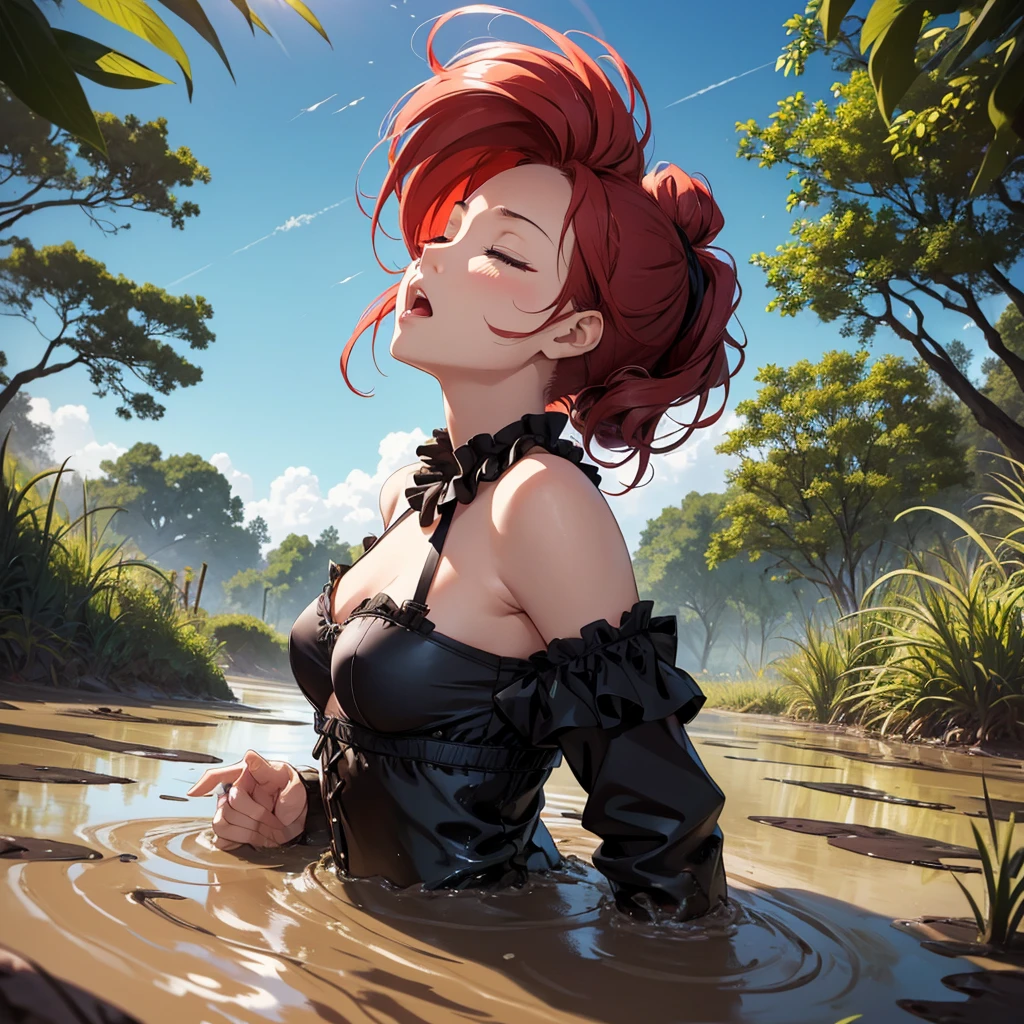 1girl, solo:1.5, masterpiece, best quality, high res, highly detailed, (illustration), beautiful detailed eyes, yuigahama yui, red hair ponytail, glossy lips, light makeup, orgasm, (looking up to the sky:1.5), (mouth open:1.2), intimate moment, black lacy bra, (quicksand:1.4), (submerged up to her torso), (from side:1.4), bog, swamp, grass, trees, (eyes closed:1.3),