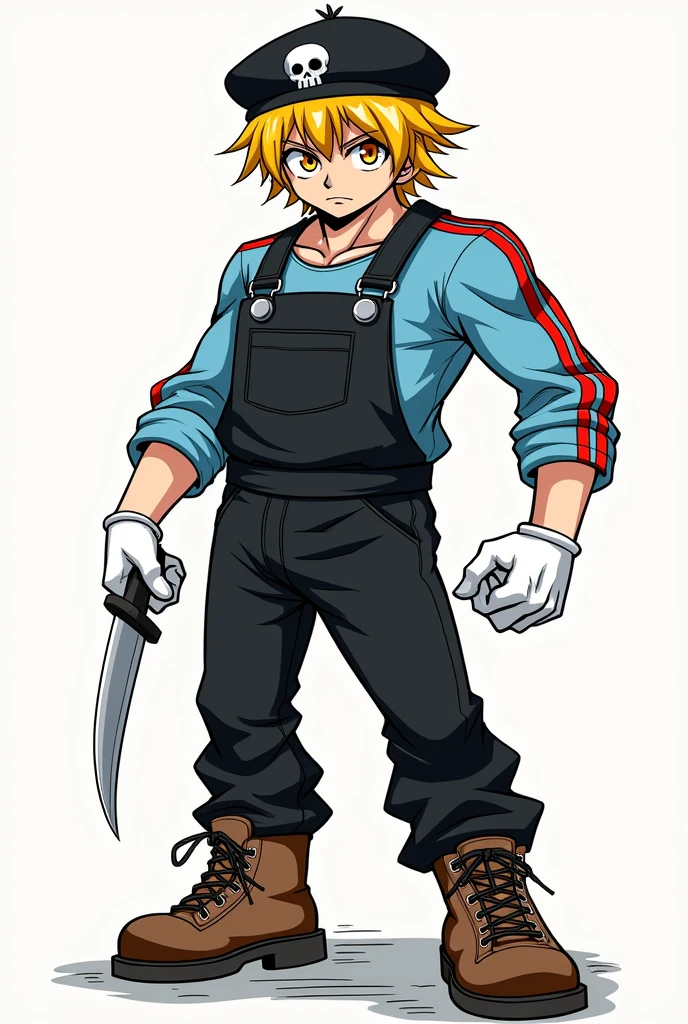 (Manga Type Drawing) Man with dark powers Wearing black overalls, a sky blue long-sleeved shirt with red stripes, white gloves, brown boots, yellow and gold hair, a beret with a skull in the center, holding a knife with his right hand and extending his left hand,left eye orange and right eye white,perfect,