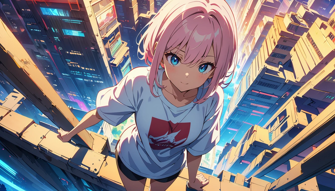 (masterpiece, Highest quality:1.2), (Anime artwork, Anime Style, Studio Anime, Very detailed, Latest, Vibrant, Anime Coloring, High Contrast, masterpiece:1.2, Highest quality, Best aesthetics), ((View from the roof of the building:1.2, A woman stands on the rooftop, overlook, A view so beautiful it makes your legs tremble)), Cyber City, ((Digital Cyberpunk - Anime Art)), Shortcuts, Eyes of determination,((Oversized T-shirt))