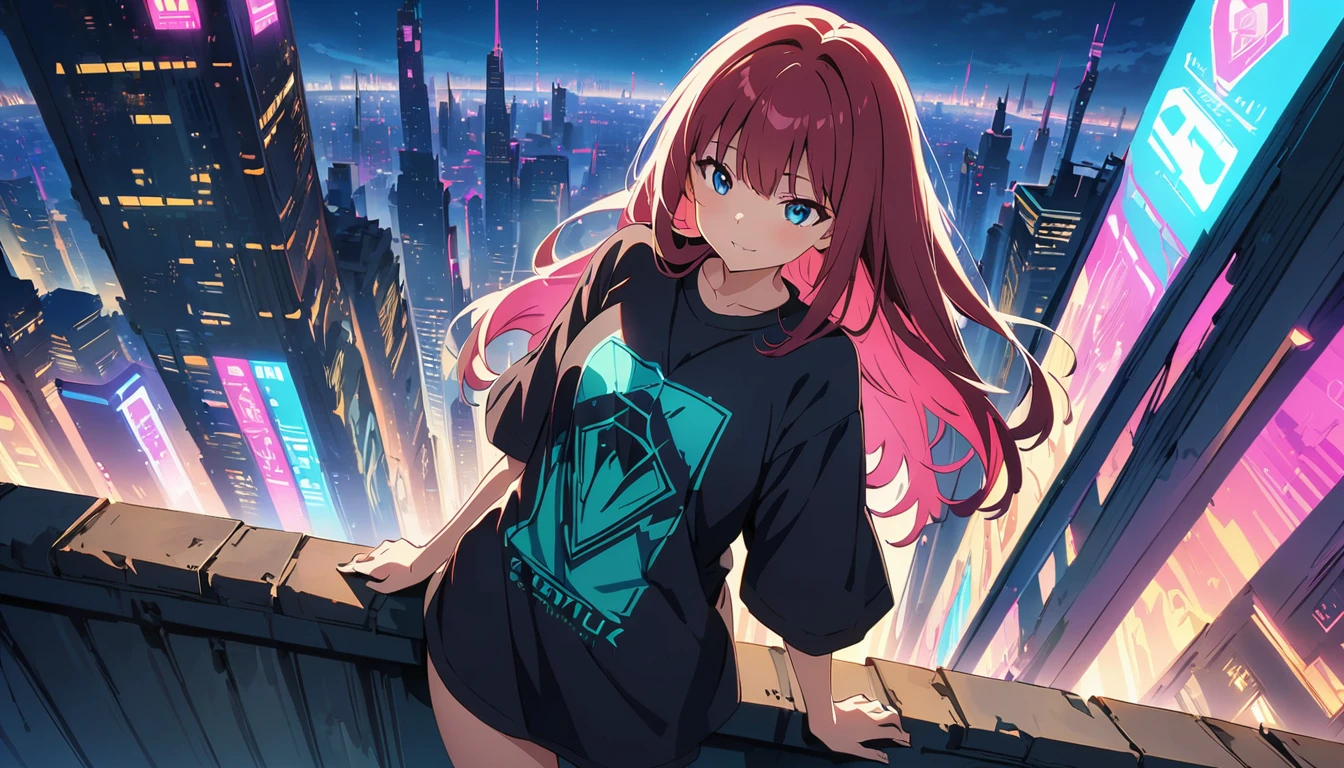 (masterpiece, Highest quality:1.2), (Anime artwork, Anime Style, Studio Anime, Very detailed, Latest, Vibrant, Anime Coloring, High Contrast, masterpiece:1.2, Highest quality, Best aesthetics), ((View from the roof of the building:1.2, A woman stands on the rooftop, overlook, A view so beautiful it makes your legs tremble)), Cyber City, ((Digital Cyberpunk - Anime Art)), Shortcuts, Eyes of determination,((Oversized T-shirt))