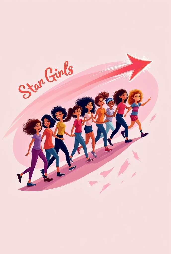 Create a logo where there are seven girls walking on a pink background while a shooting star falls and say the name Star Girls