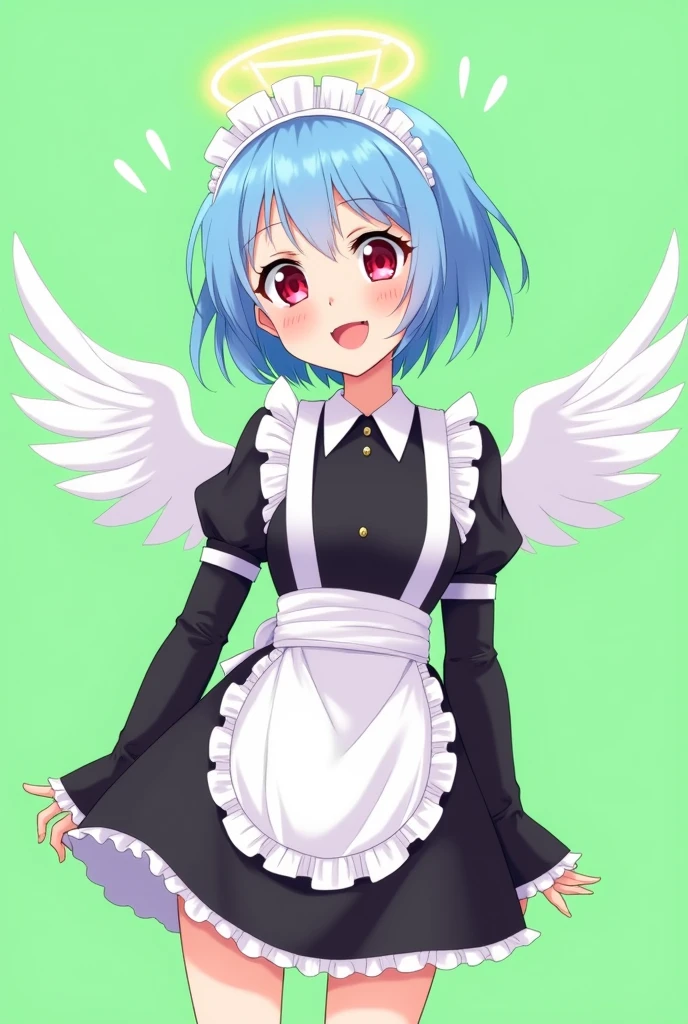 
Maid cafe maid with short blue hair, Red eyes, that shows a happy smile, age range between 18 and 26 years, with angel wings, black long sleeve uniform, anime style completely in 2D, with pastel colors, with a completely flat and green background