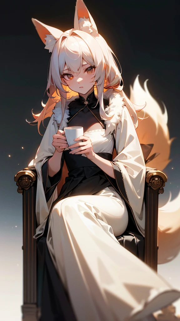 (masterpiece), (Best Quality: 1.0), (ultra high resolution: 1.0), (Best Quality, 4k, 8k, masterpiece: 1.2), 2.5D, fur rose, dark dress, queen, starry background, White skin, fox ears and tail, look at the viewer, sitting on a throne, Whole body, hope, with a hairstyle that covers one of her eyes. His eyes are big and red, giving it an intense and enigmatic expression. The clothes she wears are tight and light white in color., highlighting your silhouette. Her pose is relaxed but with attitude, blur background and bokeh with soft colors, Holding a cup of coffee, well placed hands