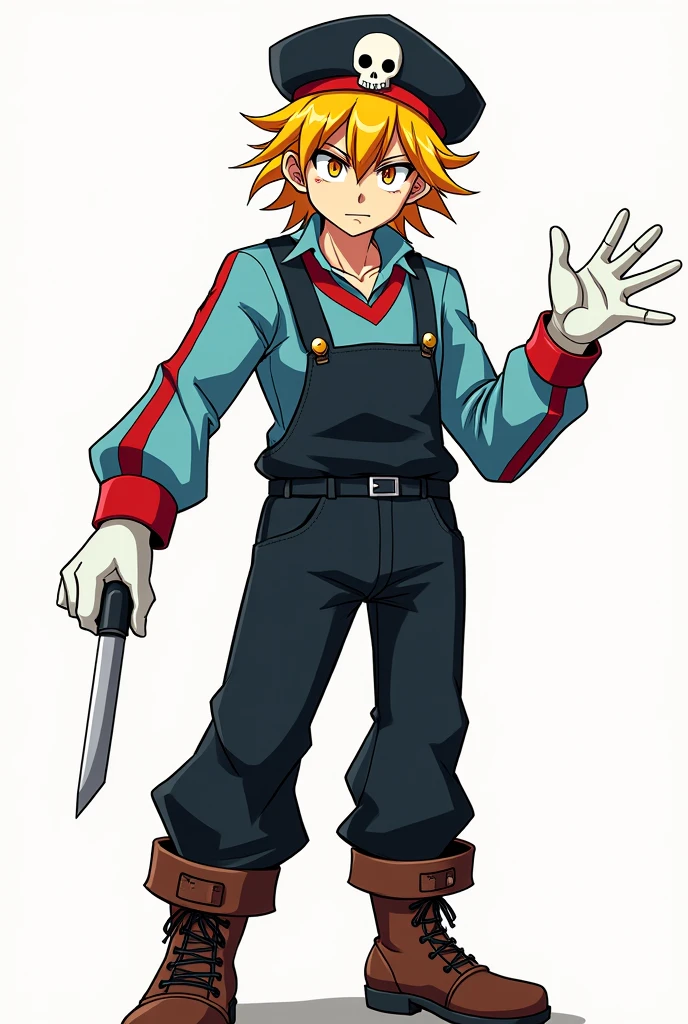 (Manga Type Drawing) Man with dark powers Wearing black overalls, a sky blue long-sleeved shirt with red stripes, white gloves, brown boots, yellow and gold hair, a beret with a skull in the center, holding a knife with his right hand and extending his left hand,left eye orange and right eye white,perfect,