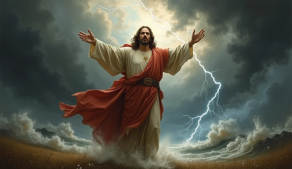 Jesus Christ in the storm protecting a man