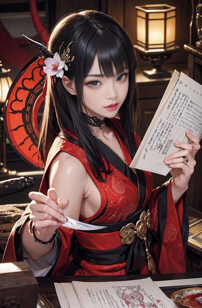 work，(Intricate details，Ultra Detail:1.2)，Ultra-fine and detailed images, Hyperrealism, Muromachi Emaki, Muromachi Fantasy, Ink painting style, Capital Kyoto, Rampant Excitement, mystery, Dusk, Very beautiful devil pictures, Demon Miss with a Japanese sword, Demon Miss with a Japanese sword, Strong female warrior, A skilled swordsman, , ２Book corner, mouth with fangs, Eyes without pupils, gamble, Kumatori, Baihua Cool Orchid, Shura Flower, looks like he'20s, Beautiful black-haired devil, Sharp beauty, Beautiful red kimono, PhD. moonlight, Oiran, highest ranking Miss, oni girl, Female gangster, Ibaraki Douji, Shuten-doji, Inspired by Chen Yifei, Inspired by Francesco Hayez, Inspired by Hendrik Tebrugen, Gene＝影响奥古斯特·多米尼克·安格尔的work, Inspired by Liu Jun, Gene＝影响奥古斯特·多米尼克·安格尔的work, best quality, Perfect angle, perfect work, Perfect theme, Best Shot, Official Art, Movie Lighting, Figurative Art, Beautiful and expressive paintings, Beautiful art illustration, wonderful, Cruel beauty, Clear, mystery, best quality, Official Art, perfect work, Perfect angle, Best Shot, Women only, Clear outline, Pretty face, The devil lurking in the darkness of Kyoto, King of Chimimur, A ruthless demon Miss, Demon Queen, Female gangster, Full body tattoo, Wide, Rashomon, Fubuki Sakura, Miss'Ashura, Liquor, phantom