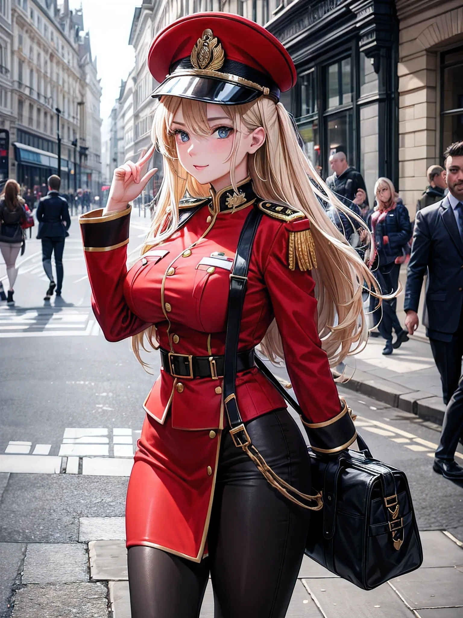 beautiful woman, posing on a street in London, with military uniform