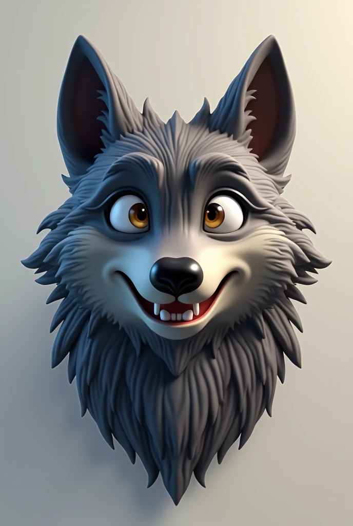 3D illustration. Wolf head with expressive eyes, short square muzzle and a friendly smile showing teeth. With dark grey fur. 