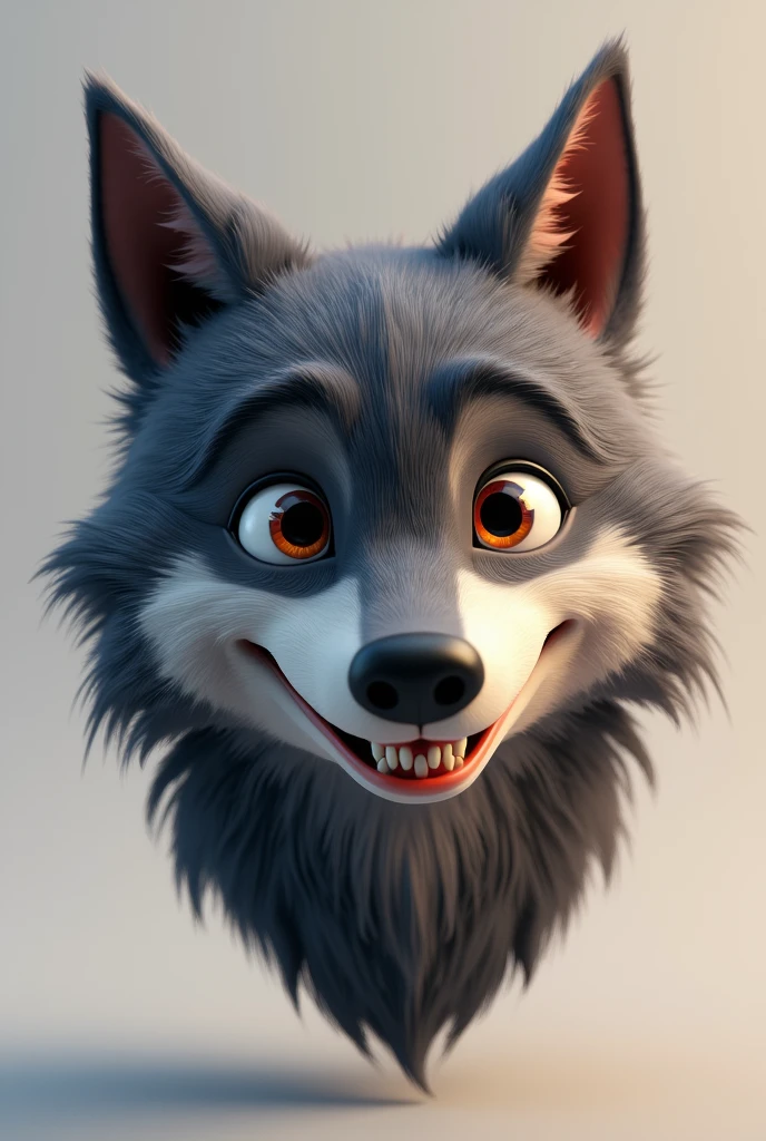 3D illustration. Wolf head with expressive eyes, short square muzzle and a friendly smile showing teeth. With dark grey fur.