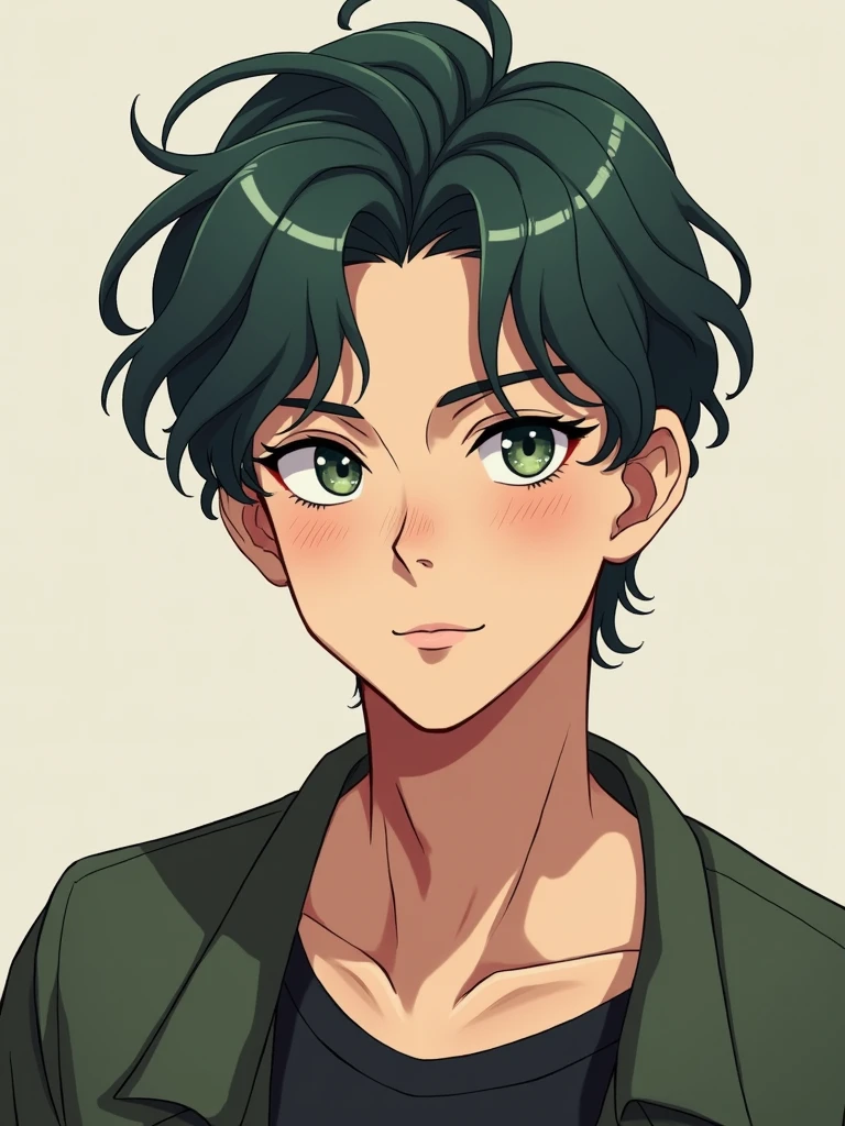 I want an anime version of a 19 year old boy with a thin beard, Caucasian skin,eyes dry greenish leaf, with wavy hair and bangs and a mid fade color, He weighs 80 kg and has 20 percent body fat and is 173 cm tall..